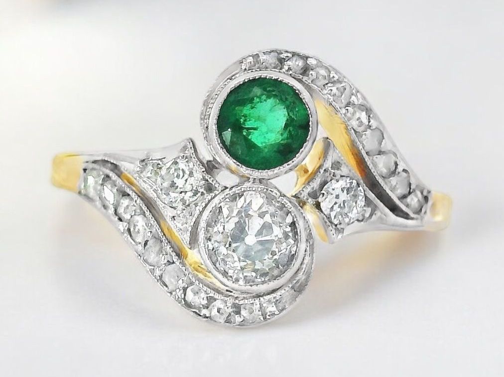Anelli: Toi et Moi 18k Diamant u Smaragd Ring – Usato da Embrach venduto da estzeh1