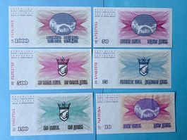 BOSNIA HERZEGOVINA- 10, 25, 50, 100, 500 & 1000 Dinara 1992