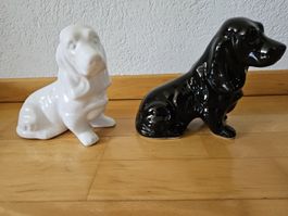 Keramik Basset Hound Pärchen, schwarz/weiss