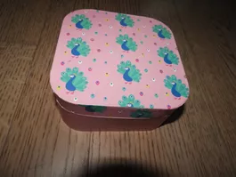Schmuckkasten Pfauenmotiv rosa mit Spiegel guter Zustand