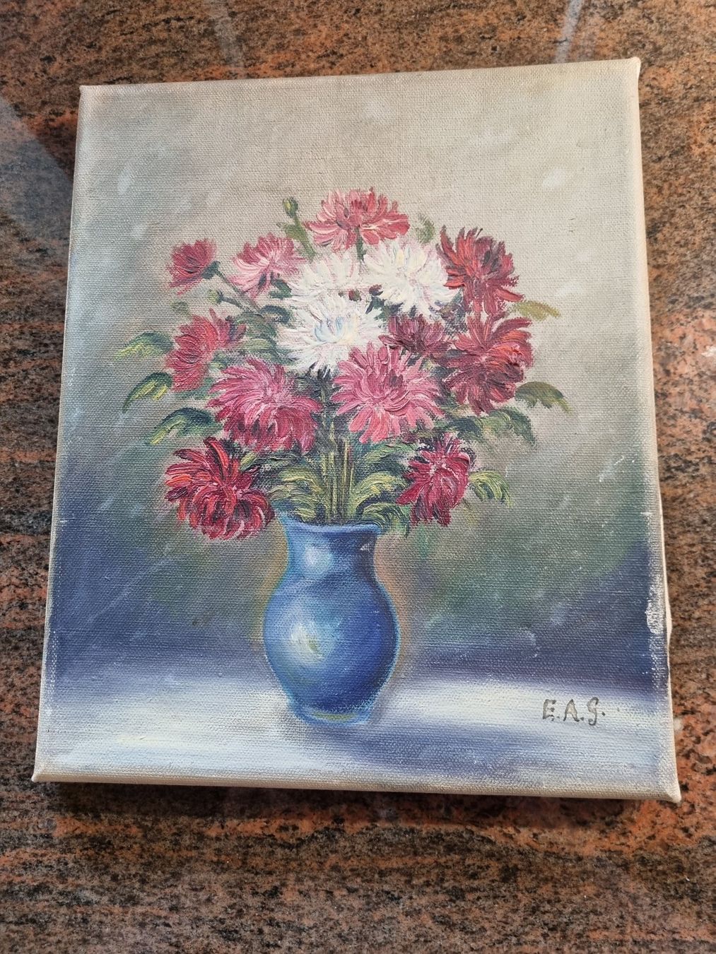 Dipinti: Blumenstillleben Gemälde, Herbstdekoration mit blauer Vase – Usato da Trachslau venduto da post35