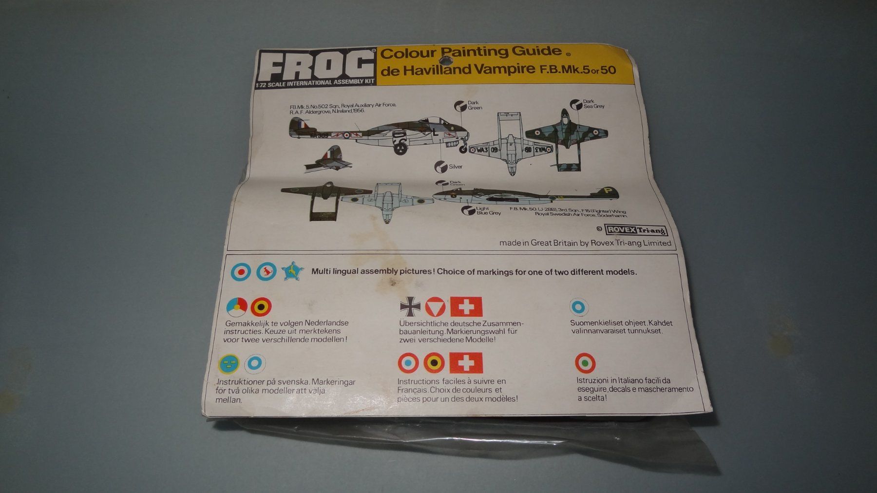 De Havilland Kit di modellismo & Modellini statici: FROG DE HAVILLAND VAMPIRE F.B Mk.5 OR 50 1/72 – Nuovo e nell'imballaggio originale da Winterthur venduto da Blueedition 2