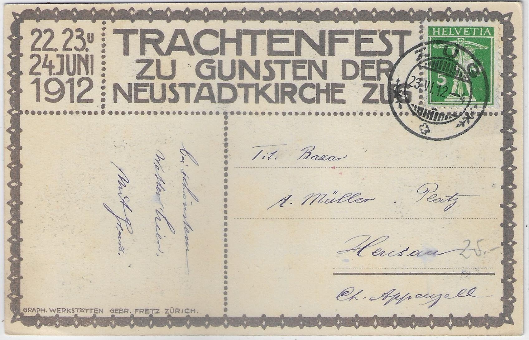 Ansichtskarten: Trachtenfest Neustadtkirche Zug Juni 1912 - Litho – Gebraucht aus Ettingen von Kartenplanet 1