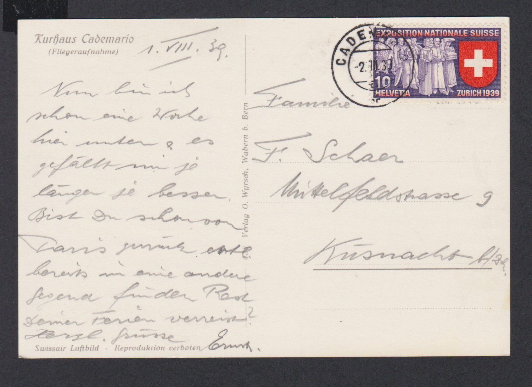 Cartoline postali: Cademario   TI   -   Kurhaus   : alte Ansichtskarte 1939 – Usato da Vitznau venduto da Ropaku 1