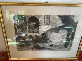 Radierung Sündflutgang mit Goldrahmen gebraucht 44/34,5 cm