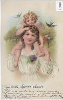 Prosit Neujahr! Bonne Annee! Frau mit Engel - Präge-Litho