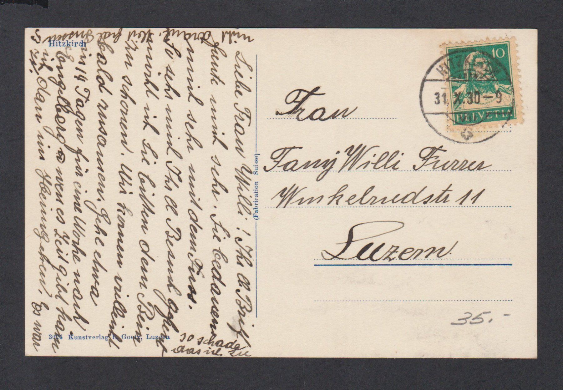 Cartoline postali: Hitzkirch  LU   :   alte Ansichtskarte um 1930 – Usato da Vitznau venduto da Ropaku 1