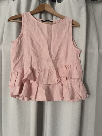 Zara Viskose Leinen Mix Top mit Volants rosa Grösse S