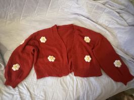Damen Strickjacke Rot Blumenmuster Grösse M-L 