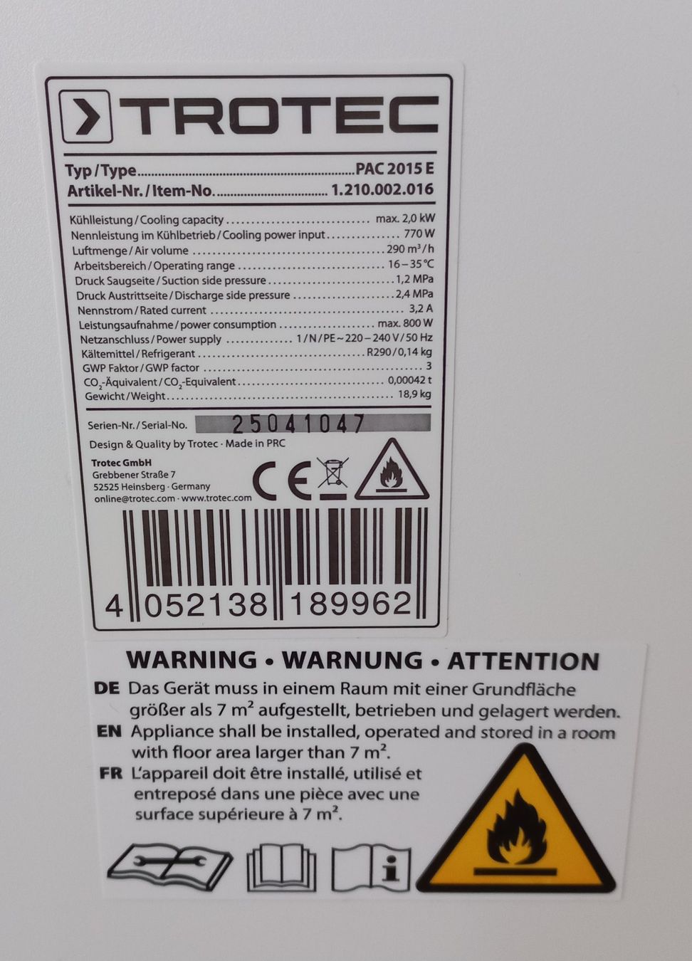 Trotec Klimageräte: Lokales Klimagerät PAC 2015 E Typ Monoblock – Gebraucht aus Cudrefin von mym_jnp5 2