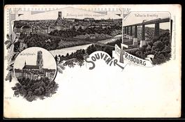 Lithographie Fribourg, Pont suspendu, viaduc de Grandfey, ca