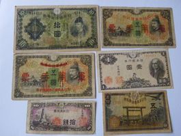 Konvolut 6 historische japanische Banknoten Yen diverse