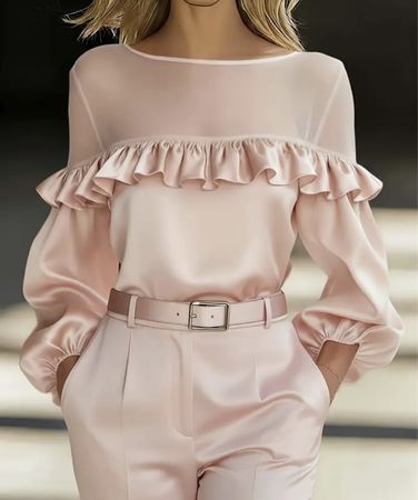 Camicia rosa cipria con volant e maniche sbuffo, tg. S
