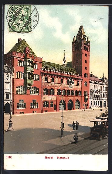 Ansichtskarten: AK Basel, Rathaus mit Strassenbahn, 1906 – Gebraucht aus Berlin von bartko-reher