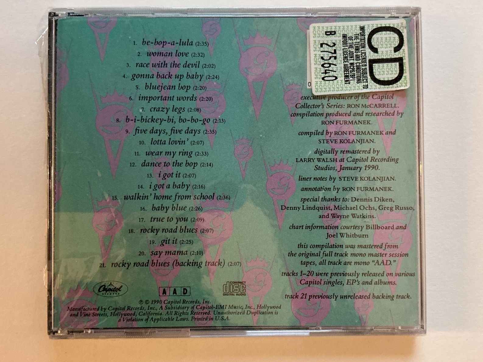 CD: Gene Vincent CD EMI 1990 Neuf – Usato da Nidau venduto da california290309 1
