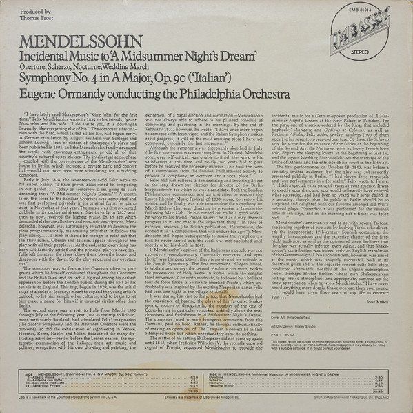 Dischi in vinile: Mendelssohn/PO/Ormandy: A Midsummer Night's Dream/ Italian S – Nuovo (secondo la descrizione) da Steinhausen venduto da Vilivinili 1