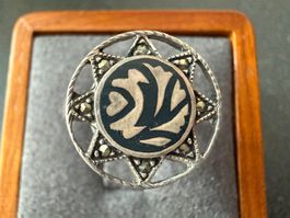 Vintage Silber 925 Onyx Ring und Marcasite Steine G.50,5