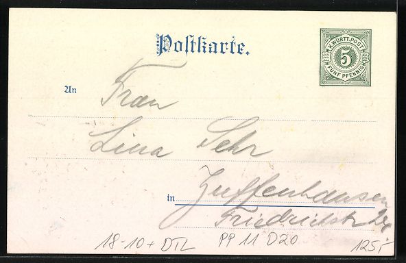 Cancelleria postale: Ganzsache Württemberg PP11D20: Stuttgar – Usato da Berlin venduto da bartko-reher 1