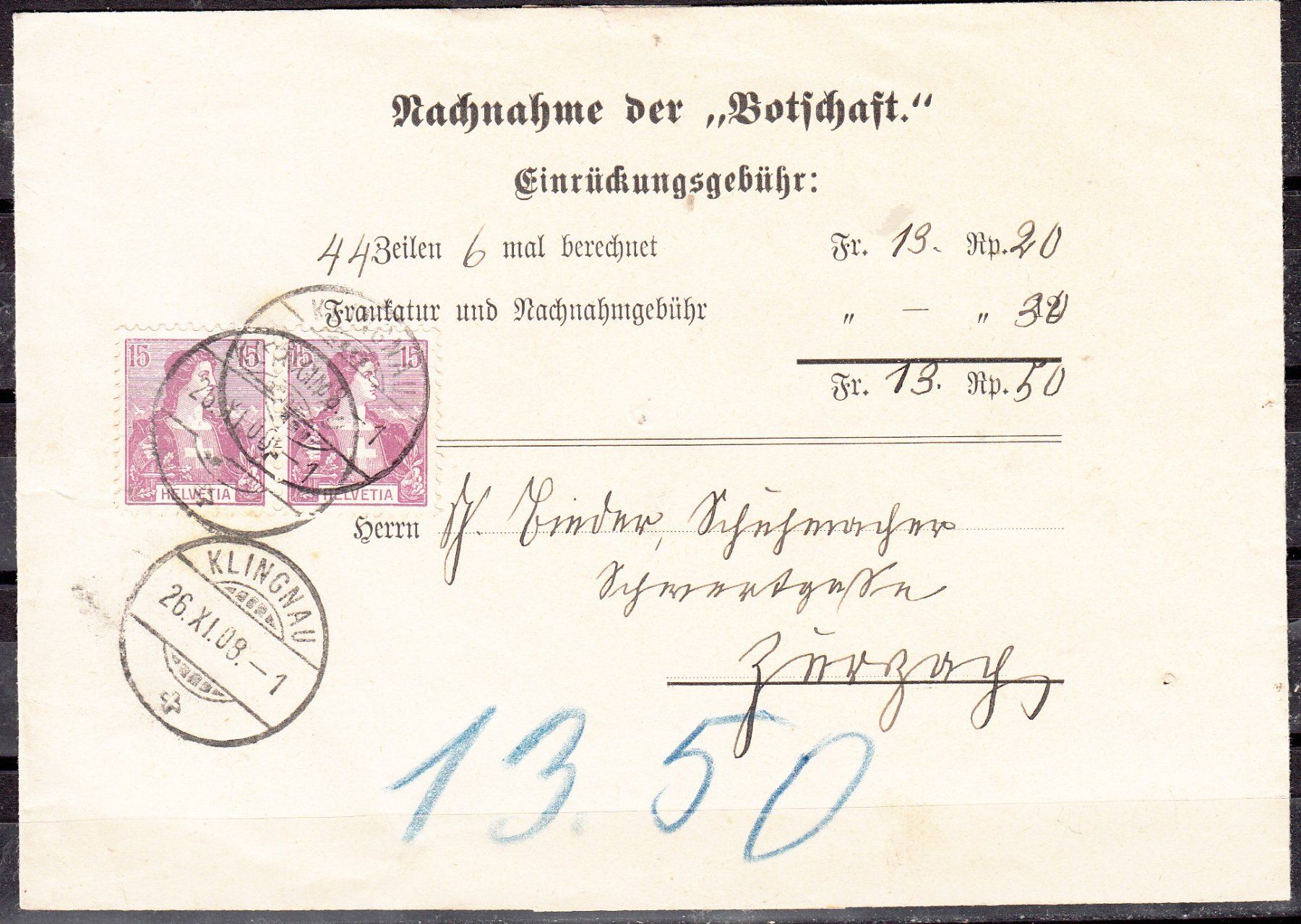Alle Briefmarken: Nachnahmebrief Mit Marke Brustbilb Schweiz – Gebraucht aus Herrliberg von Lfrifda