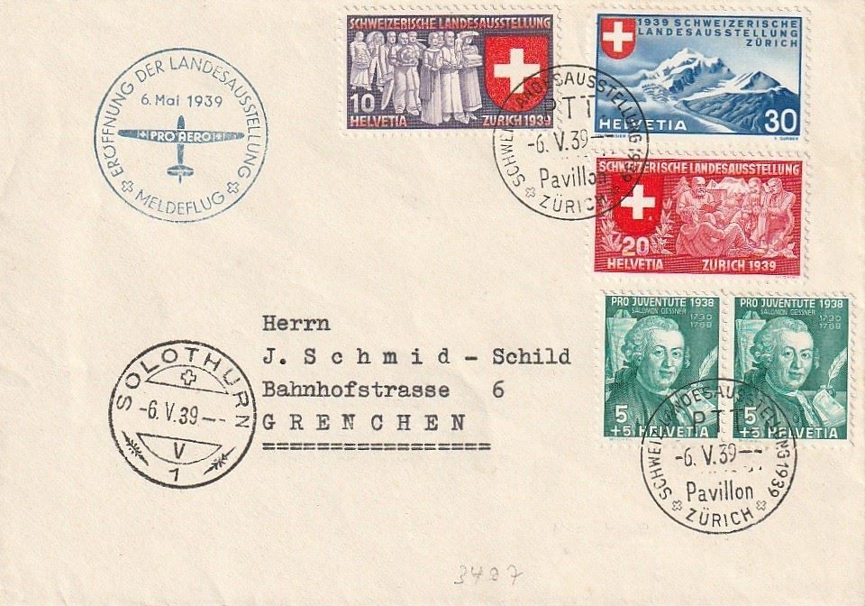 Alle Briefmarken: Meldeflug Pro Aero,  Solothurn 6.5.39 – Gebraucht aus Aarburg von Aare10