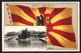 Geneve, Blick zum Ort mit Brücke, Fahne