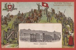 Thun Kaserne mit Schweizer Armee - Prägekarte ca. 1910