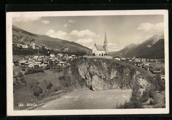 Cartoline postali: AK Schuls, Totalansicht mit Kirche, 1929 – Usato da Berlin venduto da bartko-reher