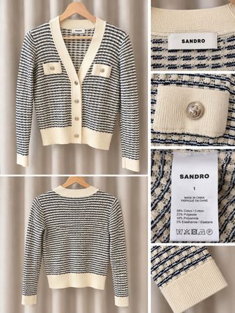 Sandro – Cardigan court rayé écru & bleu marine – T. 0