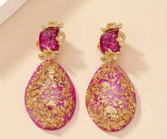 Unregelmässige ovale Form Harz Dangle Ohrstecker, pink/gold