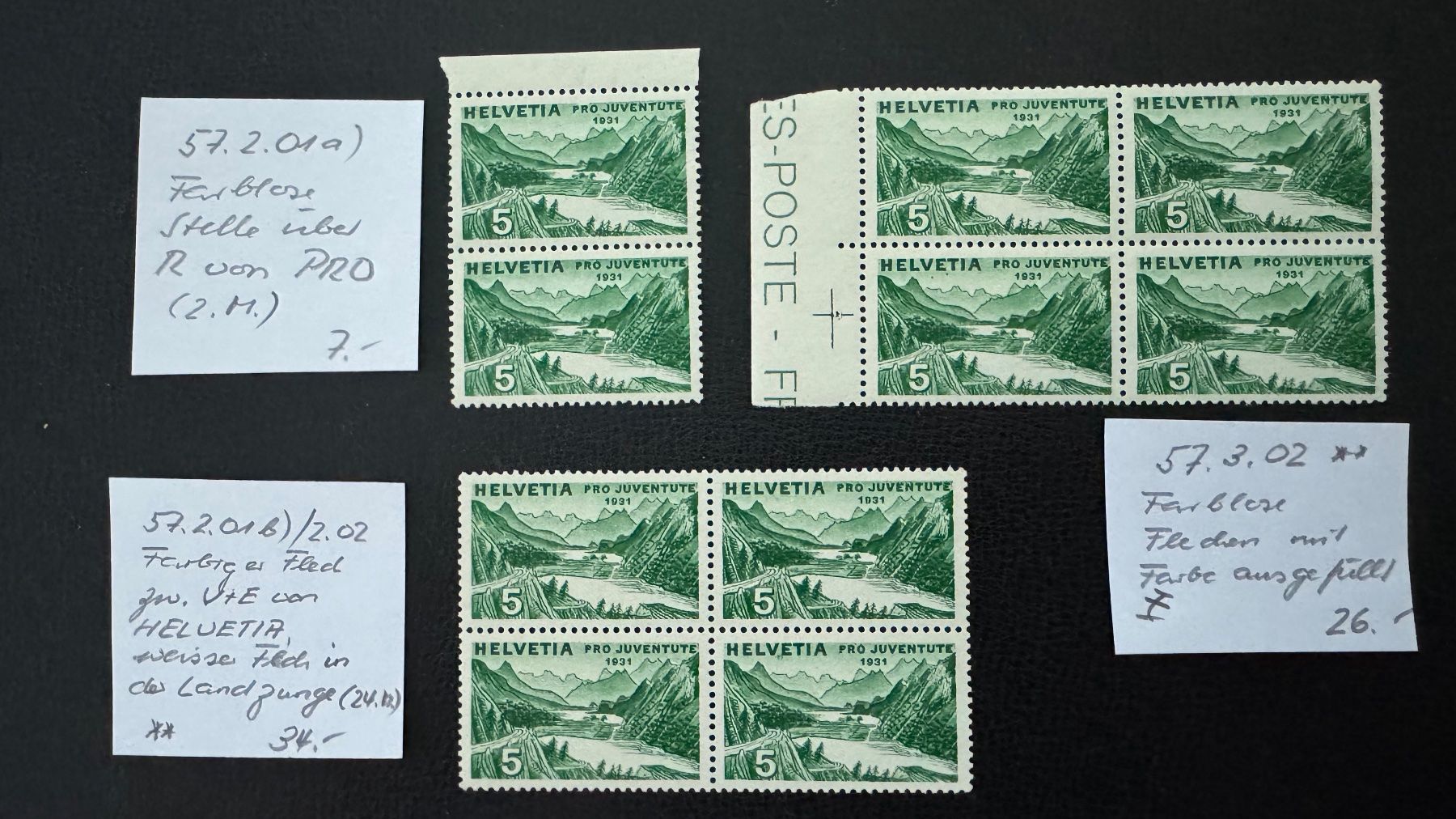Alle Briefmarken: Pro Juventute 1931, 3 ABARTEN, postfrisch – Neu (gemäss Beschreibung) aus Stallikon von HILDECH1