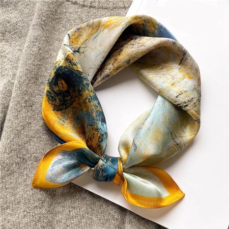New 53cm Silk Scarf, Abstract Paint Yellow Blue Silk Scarf