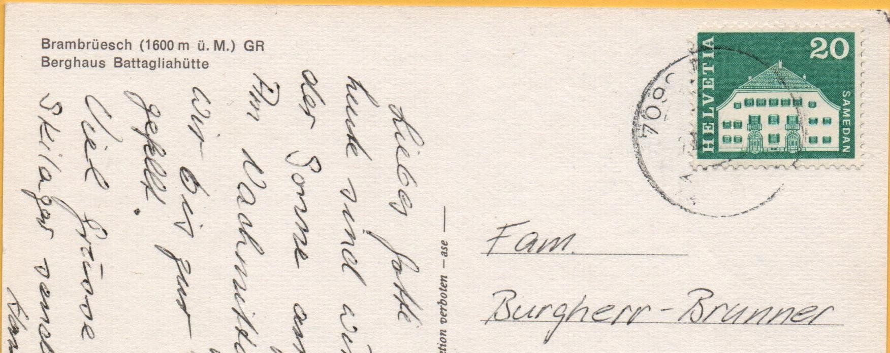 Cartoline postali: CHUR Brambrüesch Berghaus Battagliahütte, Skifahrer – Usato da Jona venduto da philajona 1