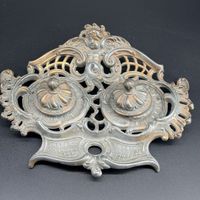 Encrier double ancien rococo angelot métal ajouré