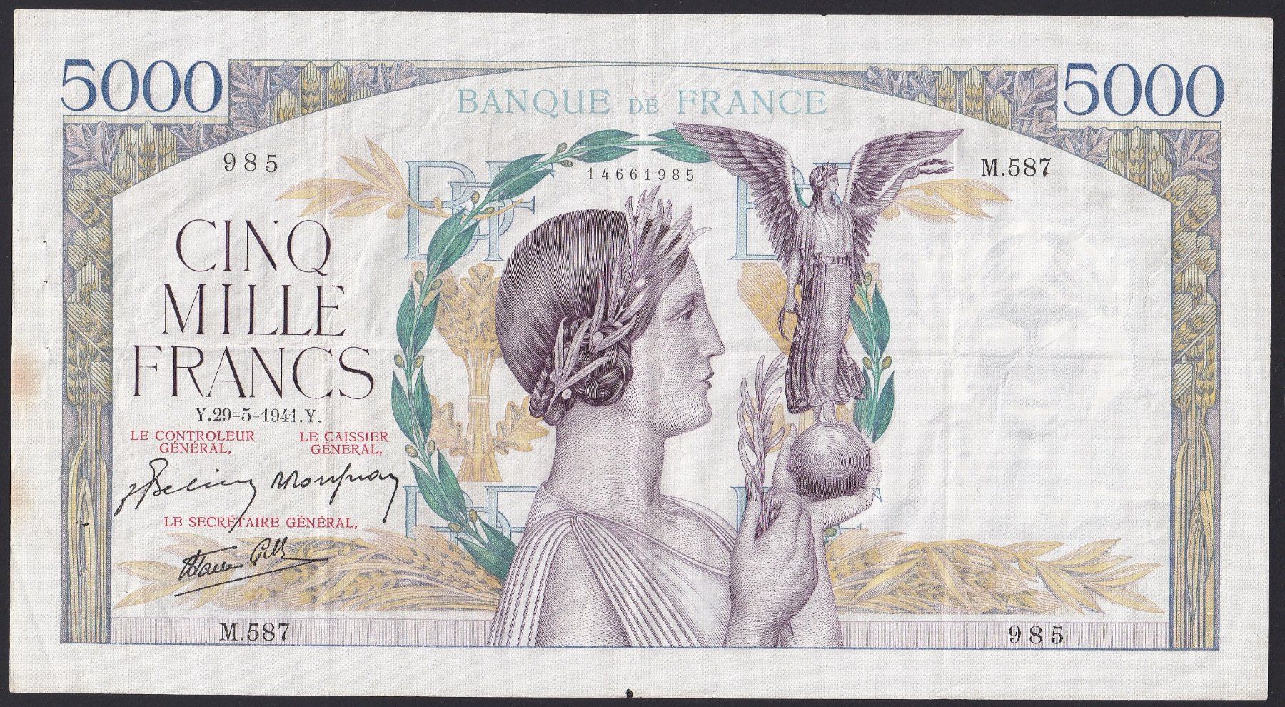 Banconote: Frankreich 5000 Francs 1941 – Usato da Brugg AG venduto da banknoten_muesli