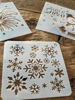 3er Set Malschablonen Schneemann, Feuerwerk, Schneeflocken