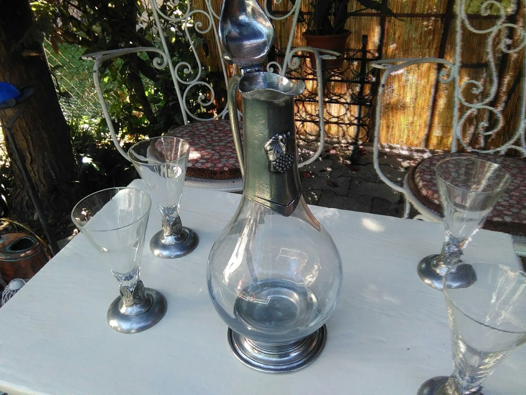 Caraffe: Weinkaraffe Kristallglas/Zinn + 4 Gläser – Usato da Neuenhof venduto da elRey123 2