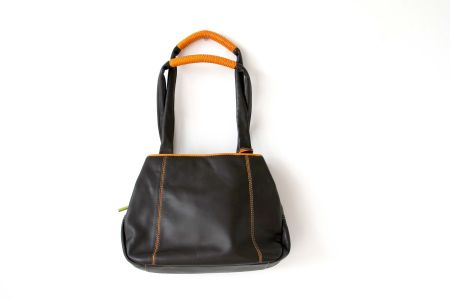 Sac à main cuir MYWALIT brun finition orange et vert olive