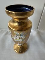 Elegante Gold-Kobaltblaue GlasVase, Handarbeit, Blumenmuster