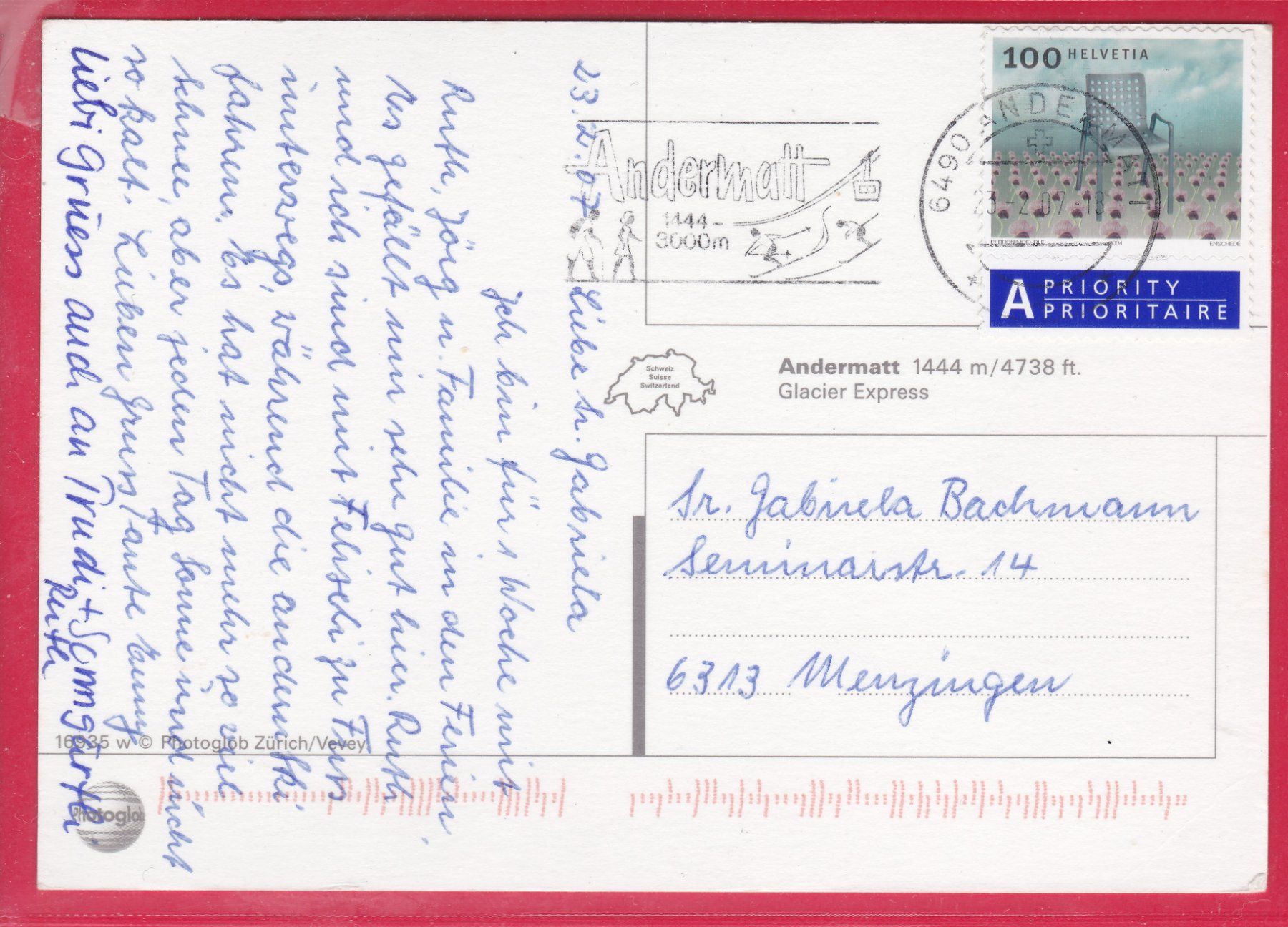 Cartoline postali: ANDERMATT, CLACIER EXPRESS, 23.2.2007 – Usato da Oberrieden venduto da Gebirgsstelze 1