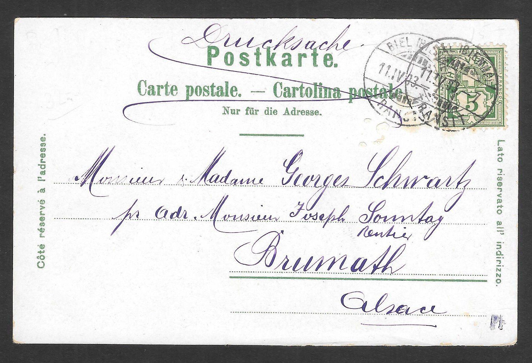 Ansichtskarten: Biel - Bienne farbige Lithografie Centralplatz Technikum – Gebraucht aus Olten von clotaldi 1