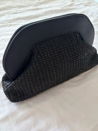 Clutch bag woven black leather details condition good