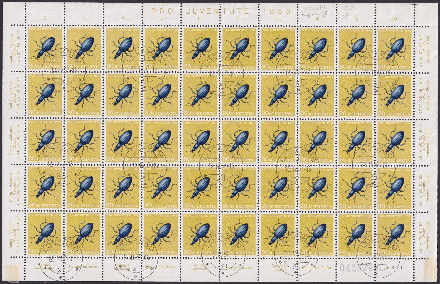Tutti i francobolli: 1956, PJ: J166 Bogen mit ET-Stemepl LOCARNO. Kat: 300.-+ – Usato da Sursee venduto da Luzernerraute