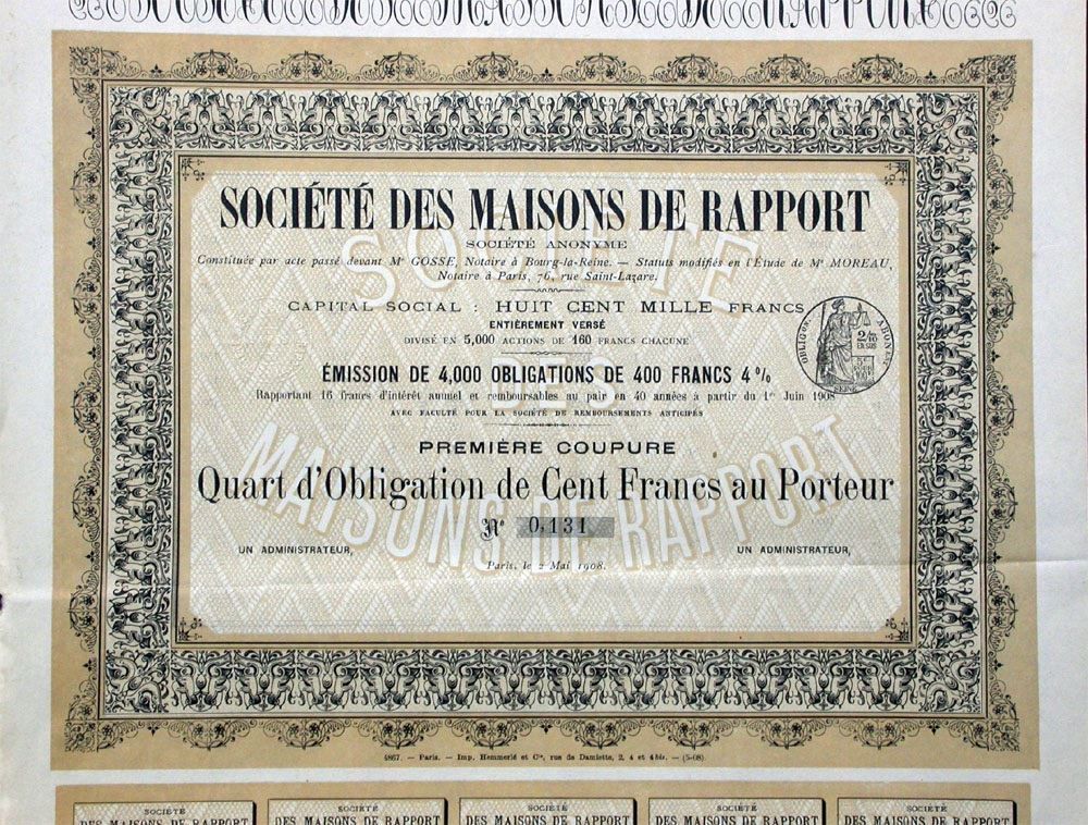 Documenti: Société des Maisons de Rapport SA, Paris - 1908 – Usato da Solothurn venduto da Sgasche