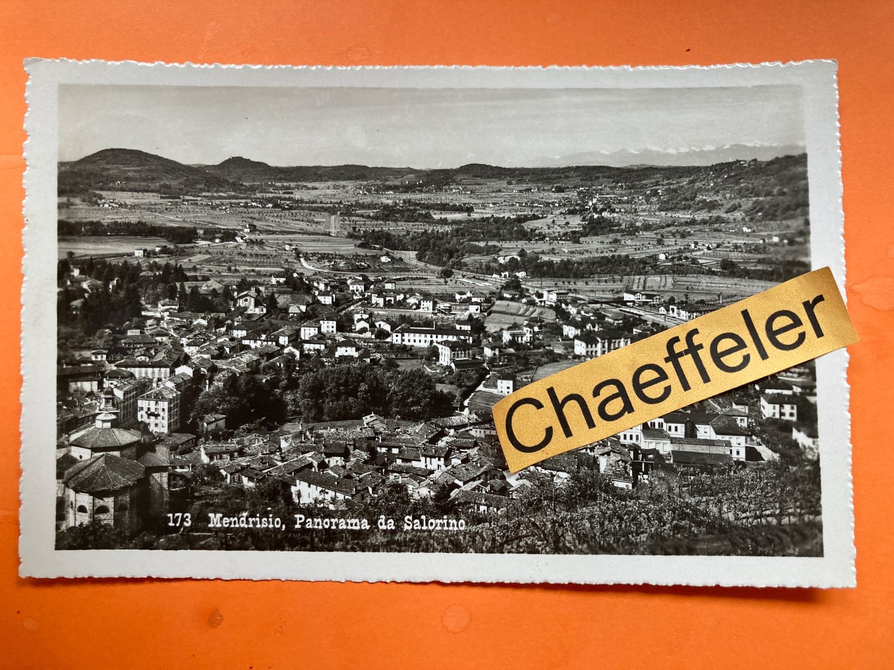 Cartoline postali: 1945 Mendrisio, Panorama da Salorino. 173 – Usato da Zürich venduto da Chaeffeler