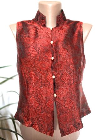 Gilet Veste Asiatique 100% Soie Brocart Rouge– Taille 38 (M)