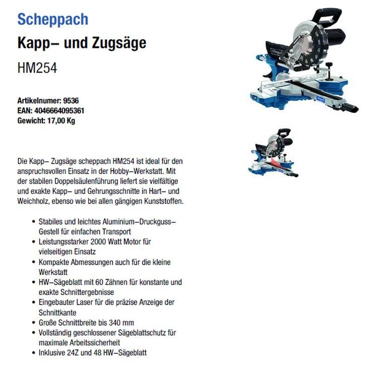 Scheppach Sägen: Kapp- und Zugsäge HM254 - 9536 – Neu und originalverpackt aus Opfikon von opf_b7kx 5