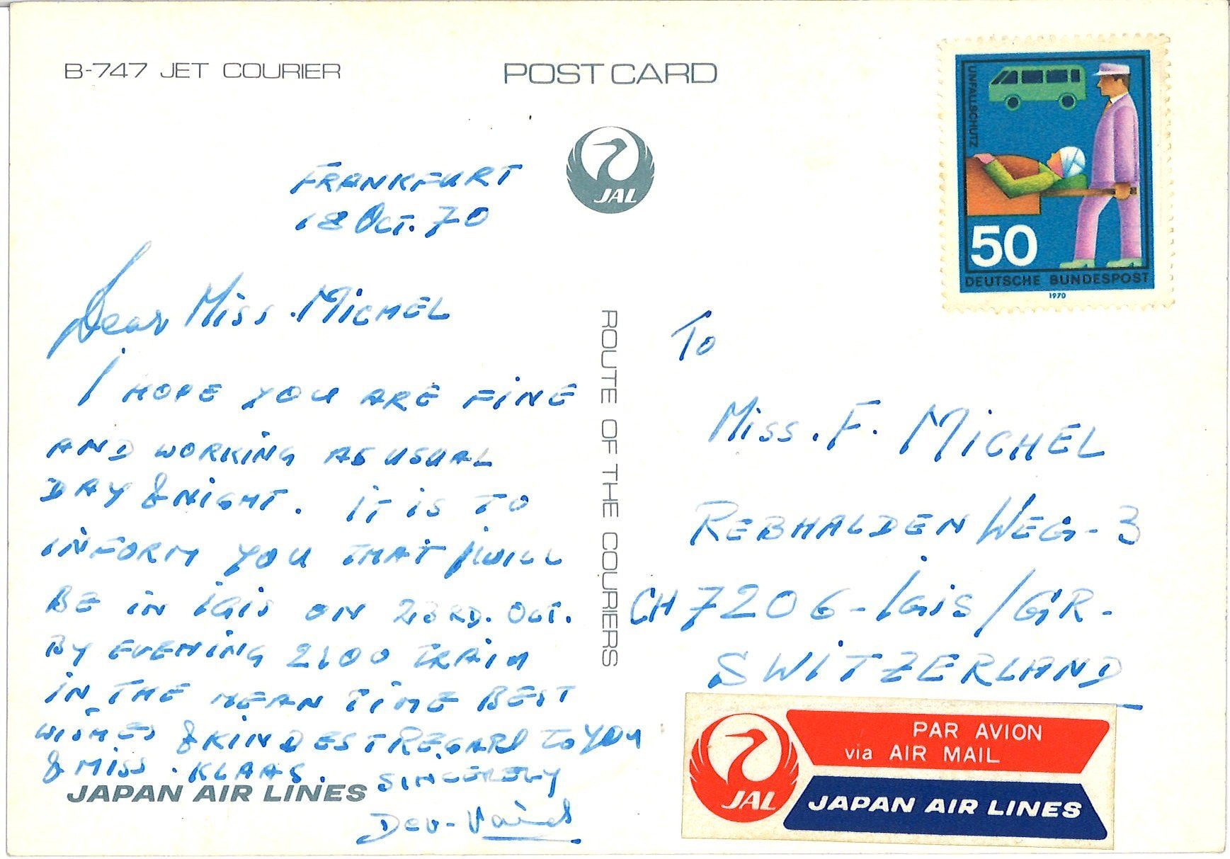 Cartoline postali: Ansichtskarte Flugzeug "Japan Air Lines" (1970) – Usato da Chur venduto da mar_95xd 1
