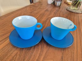 2er Set Cappuccino Tassen mit Untertasse, hellblau/ türkis
