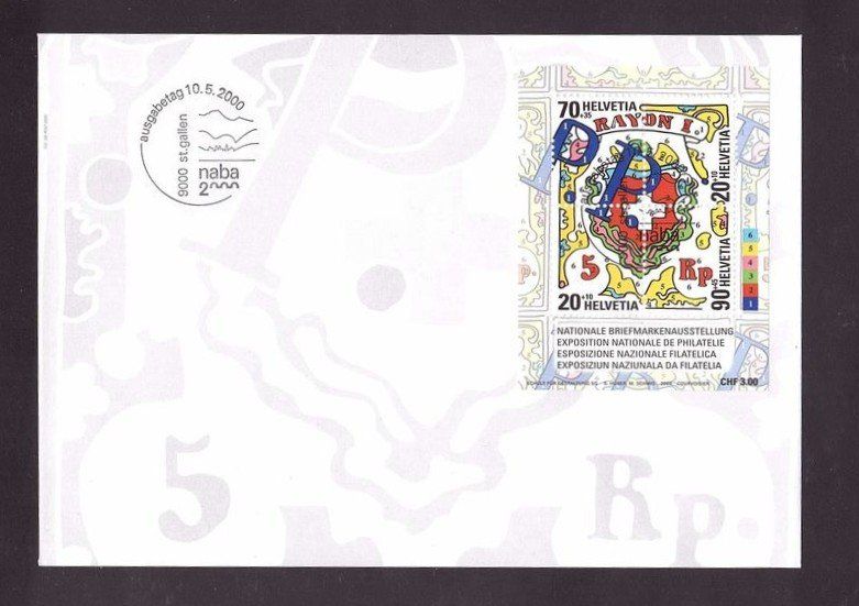 Tutti i francobolli: 2000  FDC  mit Block Briefmarkenausstellung St. Gallen II – Usato da Rheinau venduto da loxis