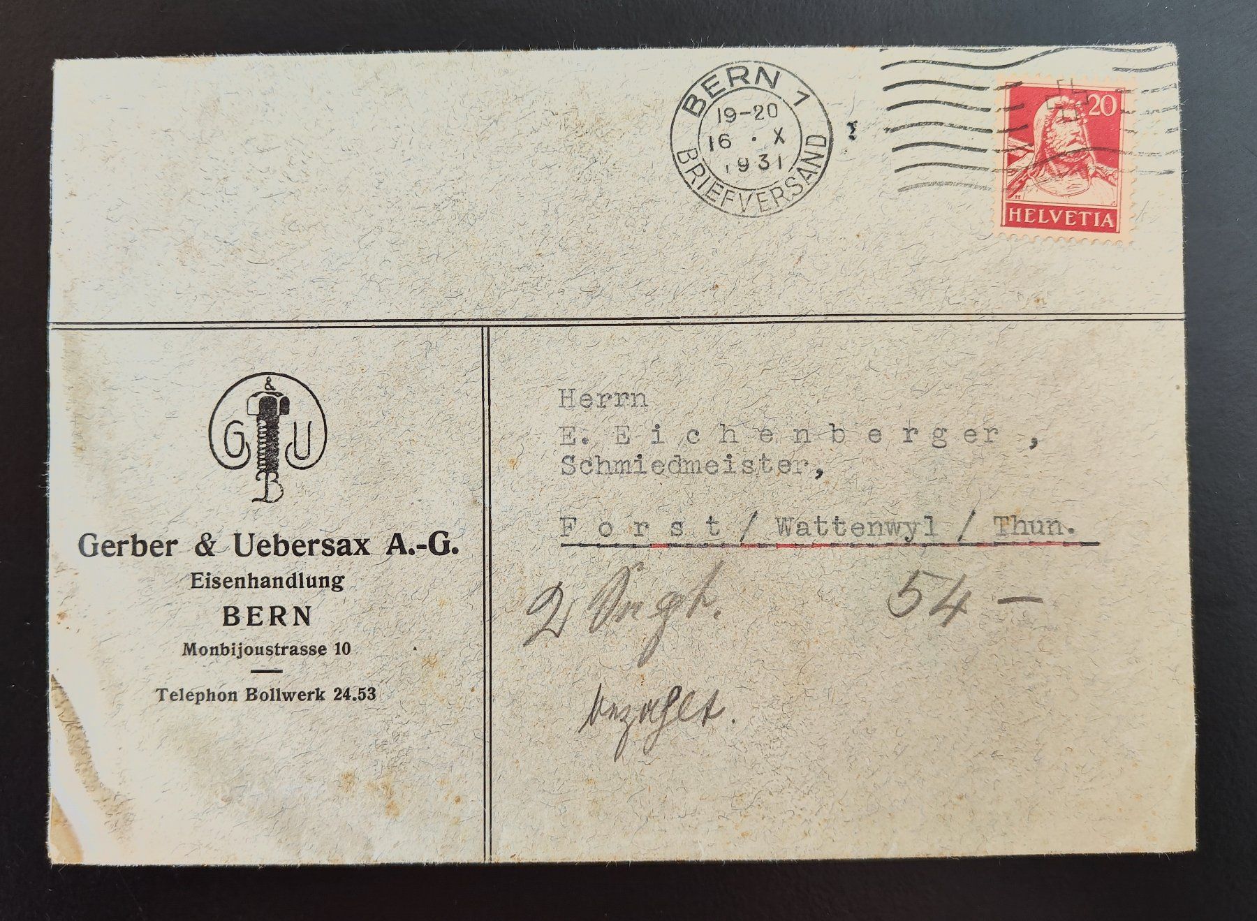 Buste & buste per spedizione: Couvert Gerber & Uebersax Bern 1931 – Usato da Lenzburg venduto da Dani_Lenzburg